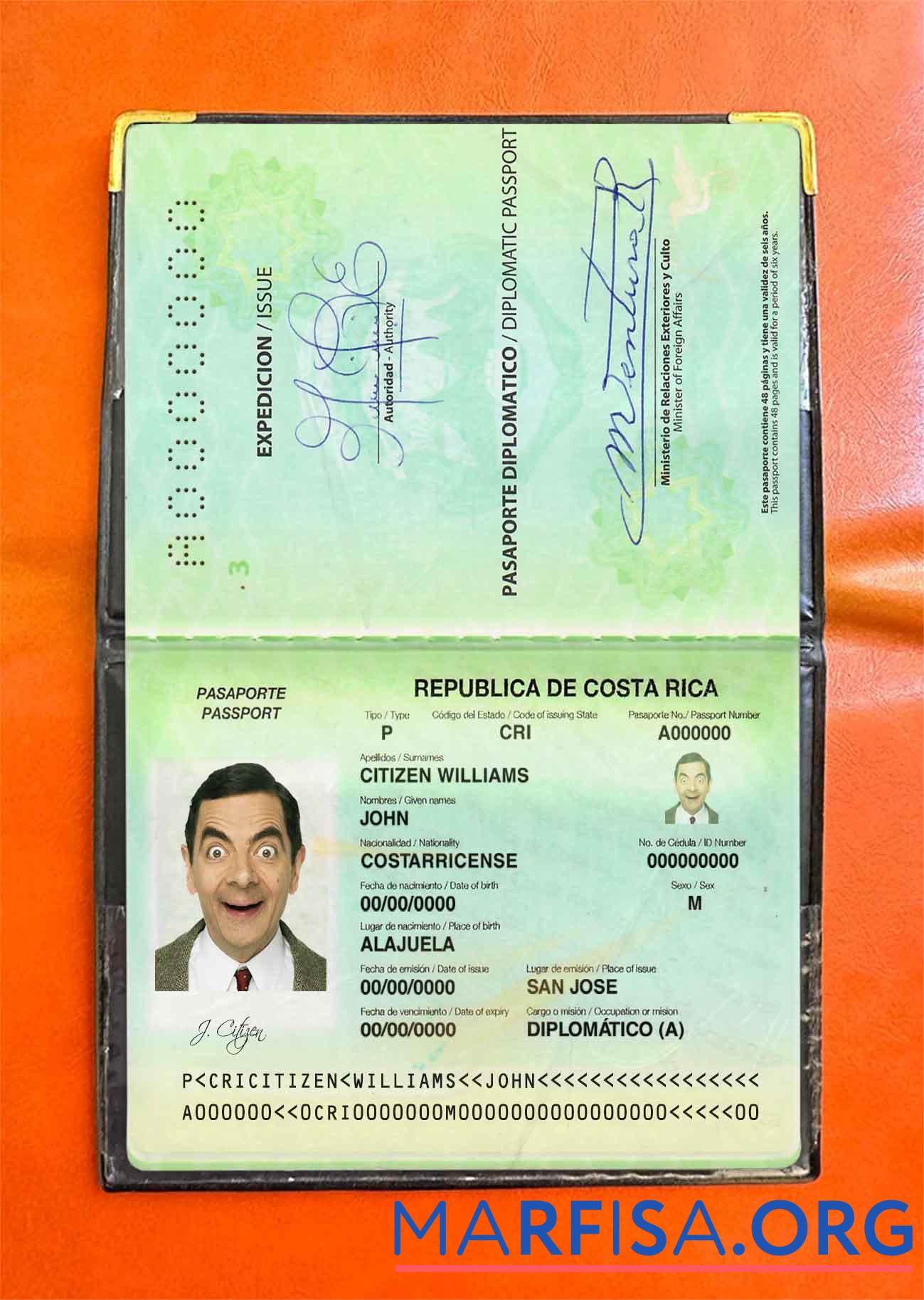 Blank Costa Rica diplomatic passport photo look example